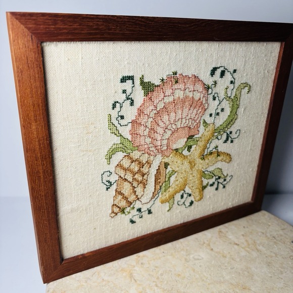 Vintage Beach Sea Shells Cross Stitch Wood Frame Art Embroidery Cottage Decor‎ - Picture 4 of 10